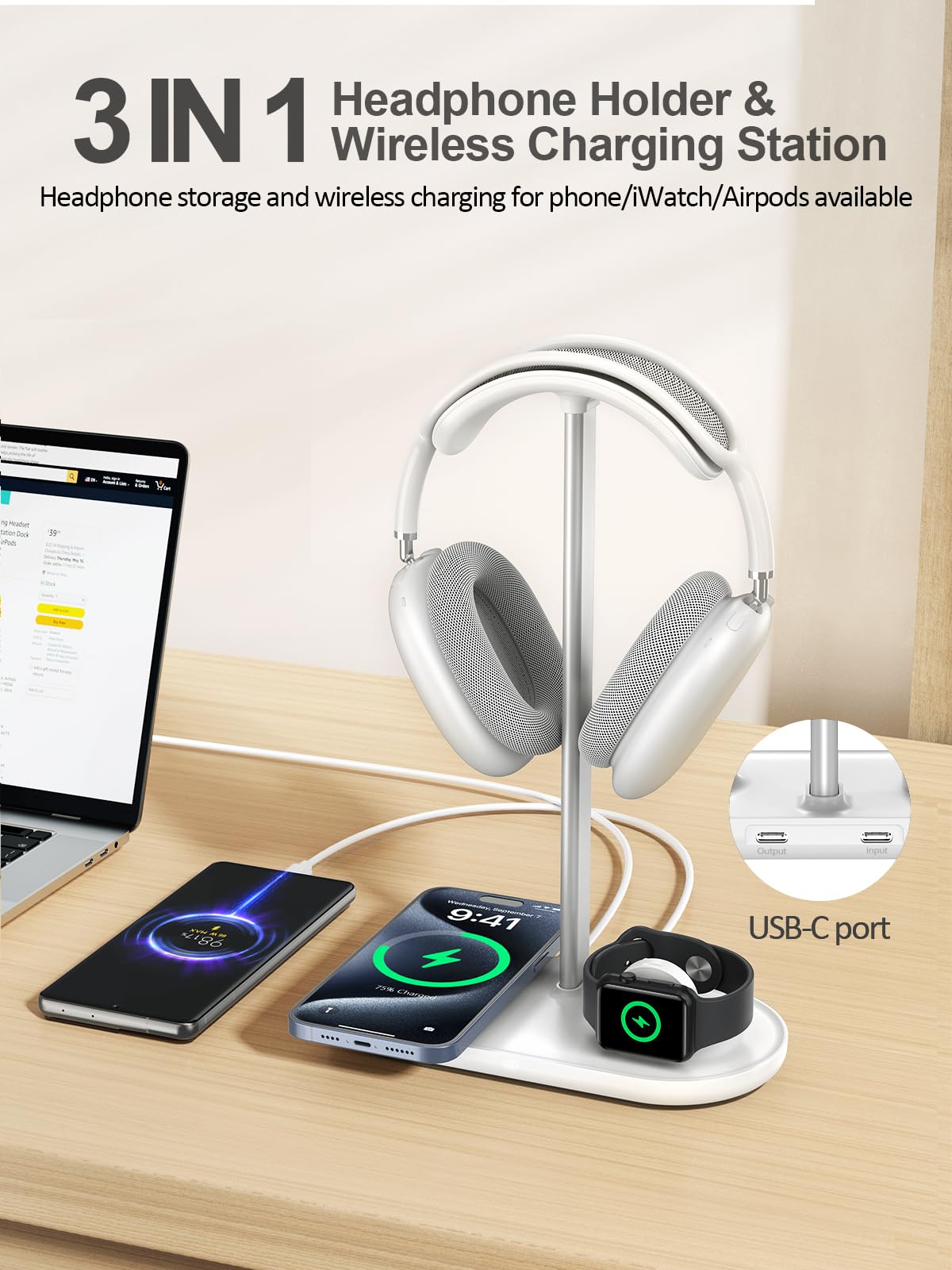 TopMade 4-in-1 Headphone Stand with Wireless Charger